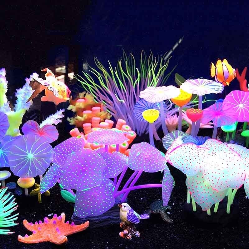 Live Plant Aquarium - シリコン製光る景観人工魚タンク水槽蛍光サンゴひまわり海葵植物水中水槽装飾