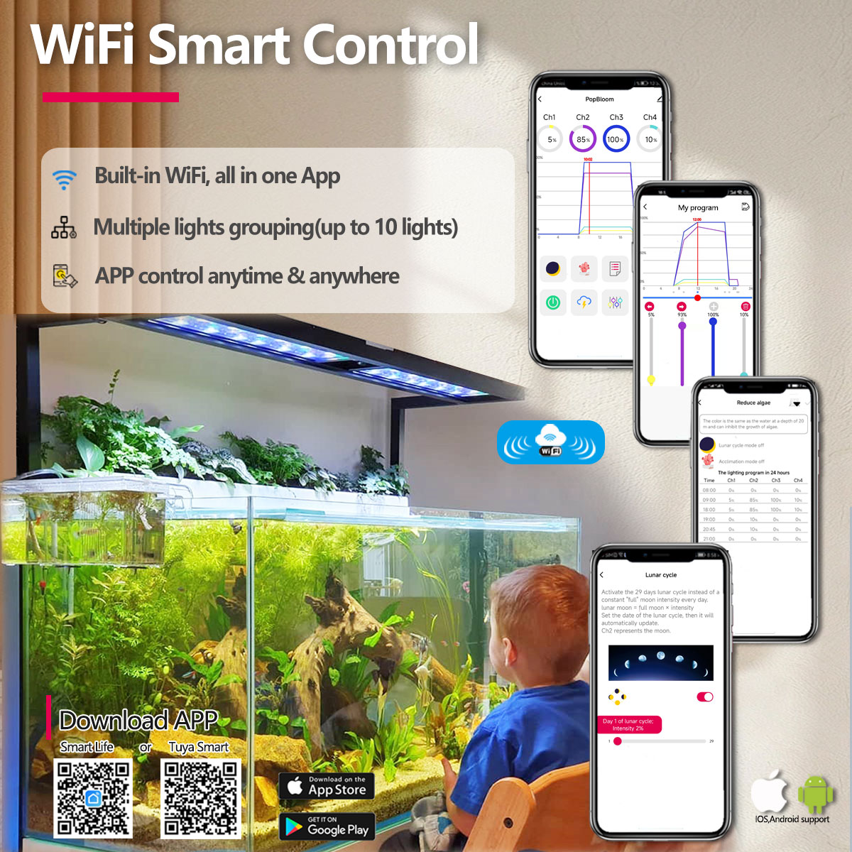 Aquarium Plant Light - PopBloom H54 H75 WiFi対応 フルスペクトルLED水槽用ライト。アプリで操作可能。プロ仕様の水草育成ライト。淡水水草用。