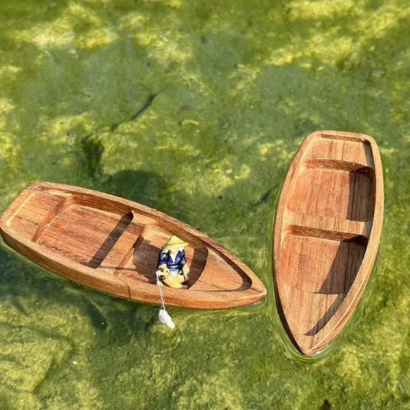 Aquarium Driftwood - 手作り木製ボートミニフローティングボートモデル漁師猫漁船水槽池の装飾水族館アクセサリー